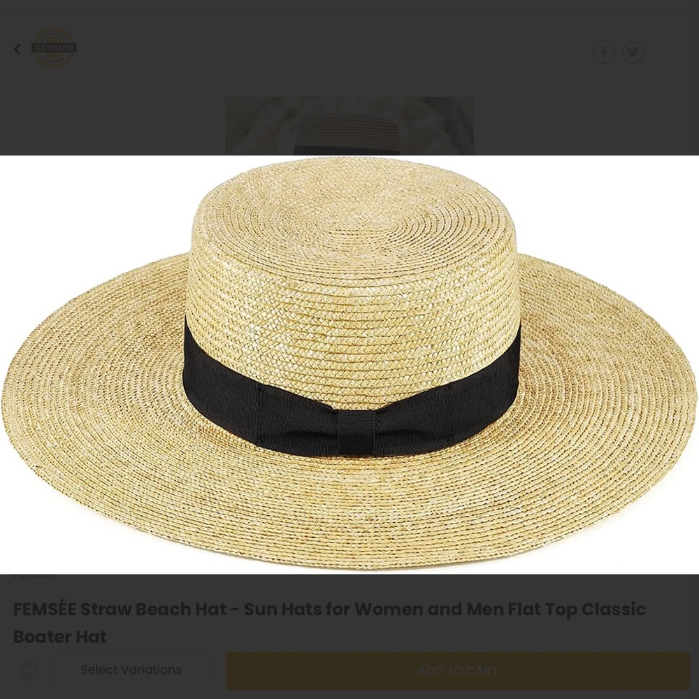 NWT FEMSEE Straw Beach Hat Black Ribbon